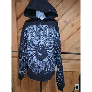 Stray Black Spider Web Rhinestone Hoodie Mens Small Gothic Streetwear